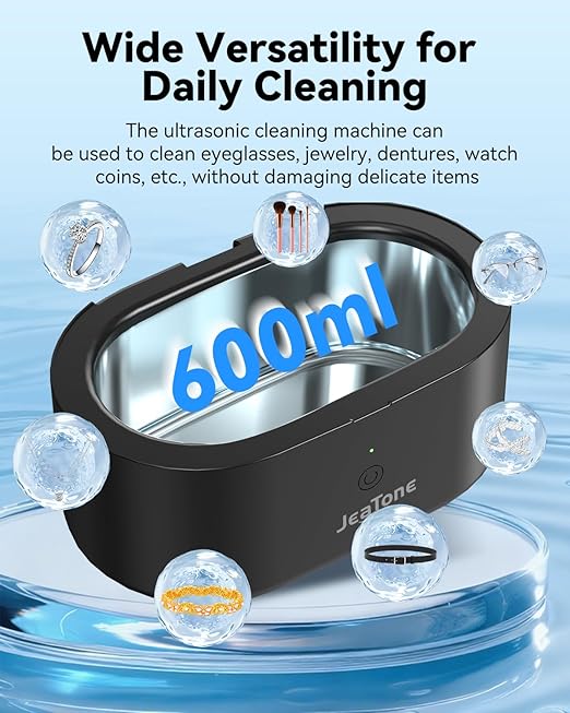 JeaTone Ultrasonic Jewelry Cleaner, 46KHz Sonic Jewelry Cleaner Machine for All Jewelry, Eyeglasses, Retainers, Dentures, Rings, Watches, Earrings & More, 304 Stainless Steel 20oz Cleaning Pod (Black)