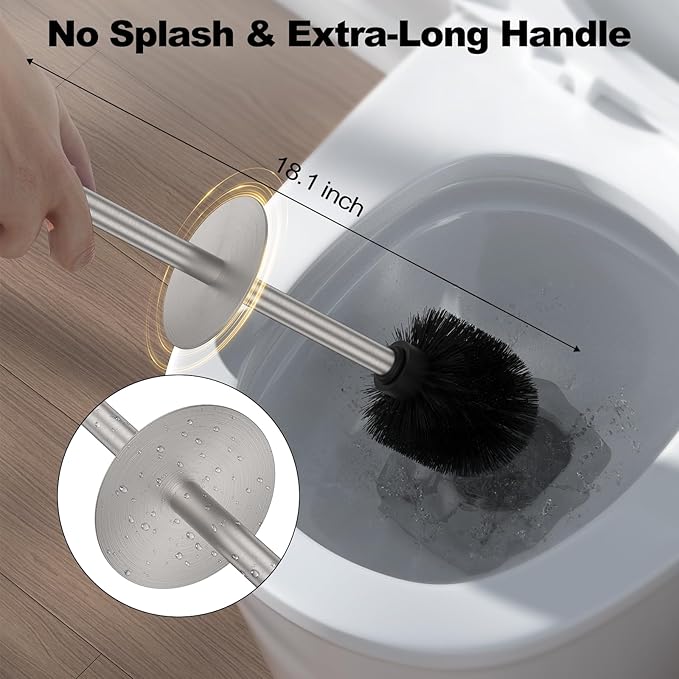 Stain Nickel Toilet Brush and Holder Set，2 Pack Stainless Steel Heavy Duty Toilet Bowl Brush，Extra Long Handled Toilet Cleaner Brush with Replaceable Head, Removable Inner Bowl & Splash Protection
