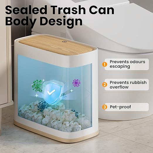 Bathroom Trash Can with Lid and Wheels, 10L/2.6 Gal Small Slim Garbage Can, Air-Press Bag Expander, Odor & Pet Proof, Wood Grain Press Lid, White Wastebasket for Bedroom, Office, Living Room