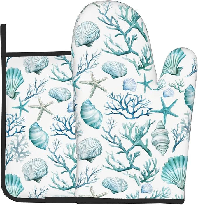 Nautical Oven Mitts and Pot Holders Sets Coastal Kitchen Mitts Potholders 2PCS Summer Starfish Seashell Coral Beach Oven Gloves Hot Pads for BBQ Grilling