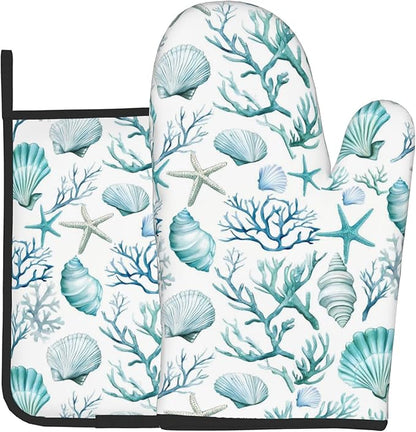 Nautical Oven Mitts and Pot Holders Sets Coastal Kitchen Mitts Potholders 2PCS Summer Starfish Seashell Coral Beach Oven Gloves Hot Pads for BBQ Grilling