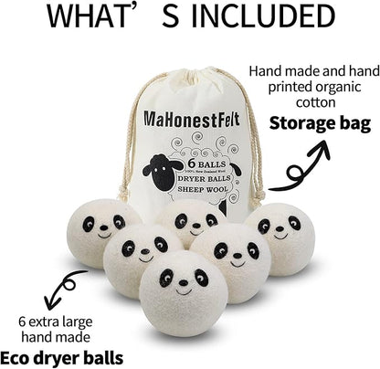 Wool Dryer Balls - Natural Fabric Softener, Reusable, Reduces Clothing Wrinkles and Saves Drying Time. Handmade Fair Trade No Lint Fabric Softener White (Pack of 6)