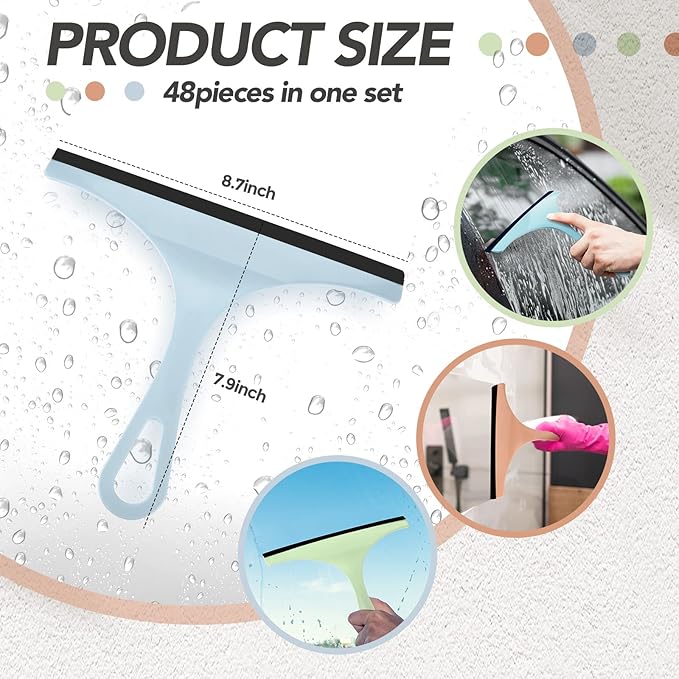 Didaey 48 Pcs Squeegee for Shower Glass Door, 8.7 Inch Silicone Shower Squeegee Small Glass Wiper Window Scrubber Household Cleaning Wiper Tool with Hanging Hole for Car Windshield, Pink, Blue, Green