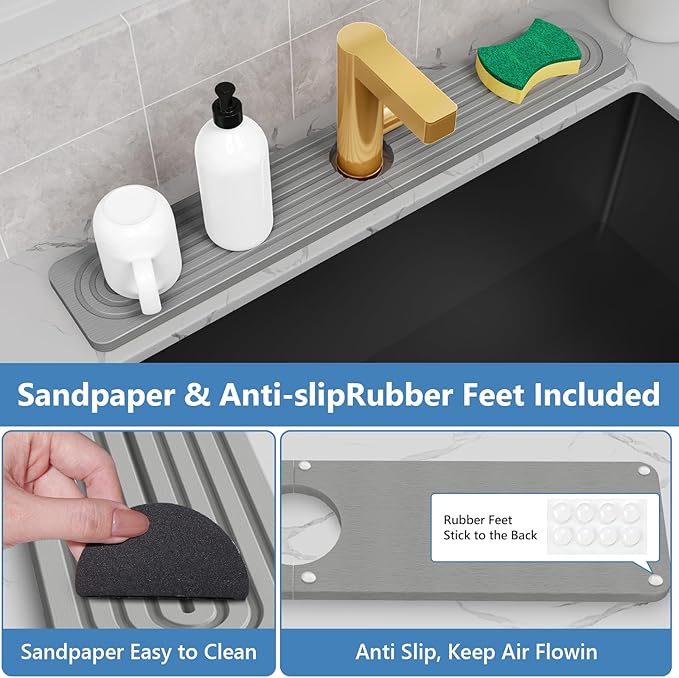 24'' Longer Stone Faucet Mat for Kitchen Sink [Super Absorbent, 30s Quick Drying] Water Absorbing Stone Tray for Sink Stone Mat for Kitchen Sink Stone Quick Dry Around Faucet Diatomite Stone Sink Tray