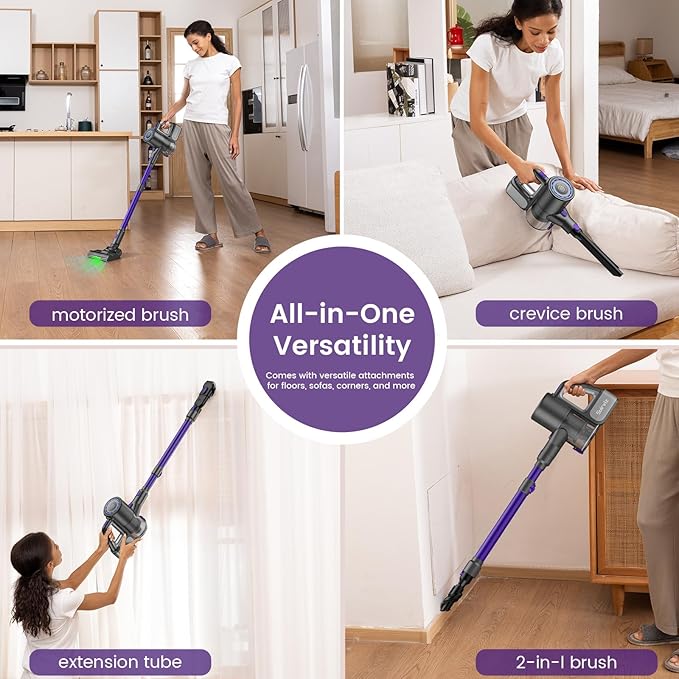 Suirviz Cordless Vacuum Cleaner, 40KPA/500W/35Mins, Powerful Suction with Green LED Dust Detection, Stick Vacuum Self-Standing, Lightweight Handheld Vacuum for Pet Hair, Carpet & Hard Floor, Purple