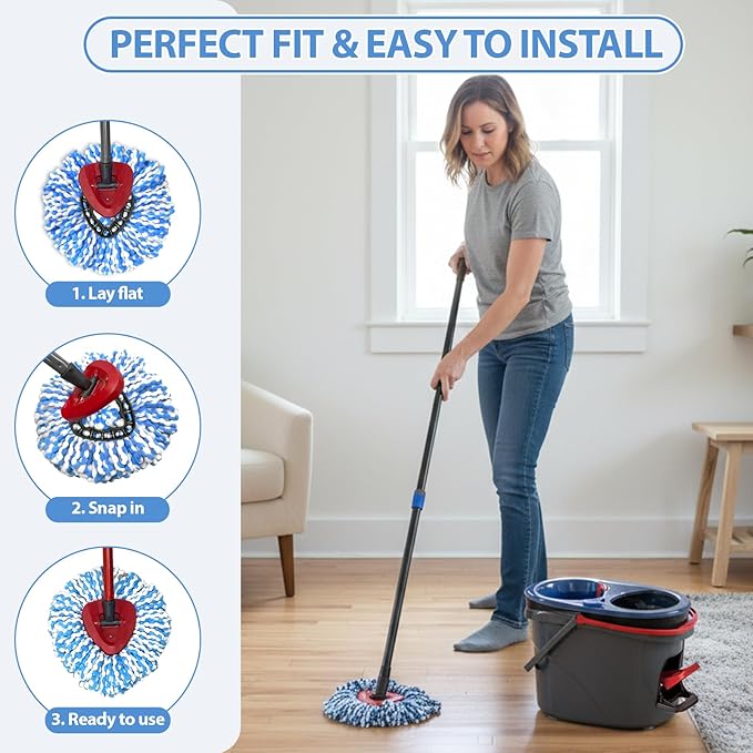 Spin Mop Replacement Head O-Ceda Compatible with RinseClean 2-Tank System, Microfiber Mop Refills for Home Cleaning, Easy Install, Includes 3 Cedar Mop Heads & 1 Replacement Base