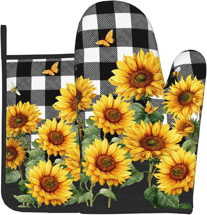 Sunflower Oven Mitts and Pot Holders Sets of 2 Buffalo Plaid Kitchen Mitts Farmhouse Hot Pads for Cooking Baking Grilling