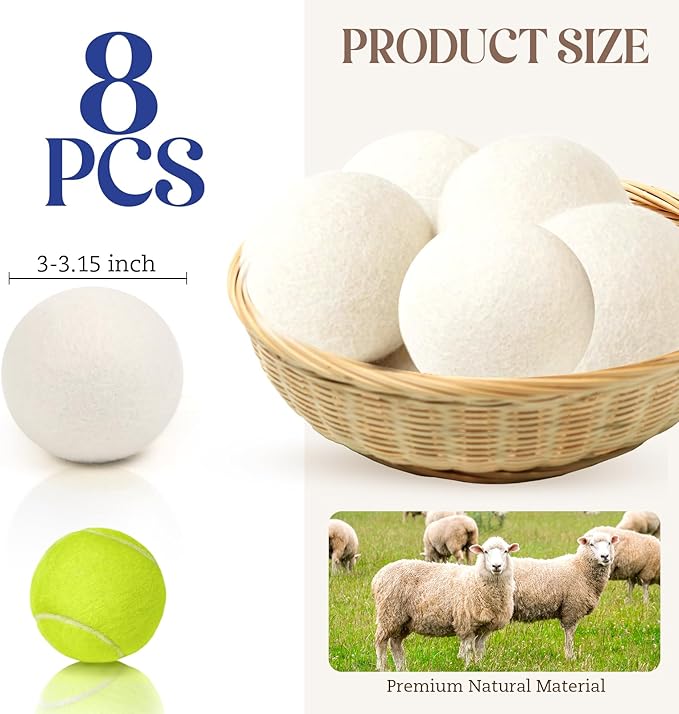 Large Wool Dryer Balls, New Zealand Dryer Balls Laundry Reusable Reduce Static Cling, Dryer Ball to Reduce Wrinkles & Shorten Drying Time, Drying Balls Fabric Softener Ball for Laundry（Pack of 8 XL)