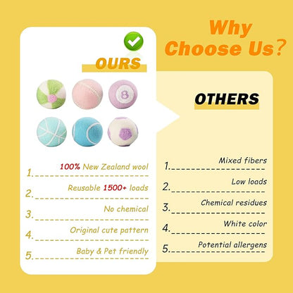 Wool Dryer Balls XL Size 6 Pack - Cute Dryer Balls with Ball Patterns Natural New Zealand Wool Balls Fun Dryer Balls Laundry Reusable Anti Static (Ball Patterns with Creative Color)