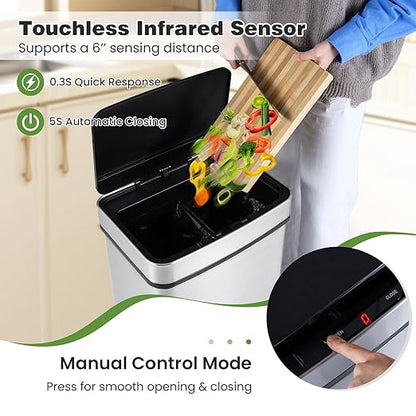 S AFSTAR 16 Gallon Motion Sensor Trash Can, Automatic Touchless Garbage Can with Dual Compartments, Stainless Steel Waste Bin for Kitchen, Bedroom & Bathroom