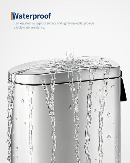 Garvee 2.6 gal / 10 L Stainless Steel Bathroom Trash Can with Lid, Slim Waterproof Garbage Can for Bedroom, Small Step-on Metal Trash Bin with Inner Bucket, Rear Handle, Soft Close Lid, Silver