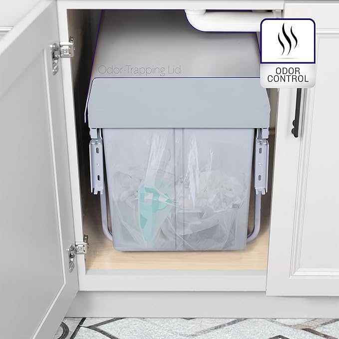Life Finds 40L Under Counter Pull-Out Dual Trash Can System, Double Recycling Trash Can with Lid for Cabinet, Sliding Kitchen Waste Bin, Gray, LF-POTC2