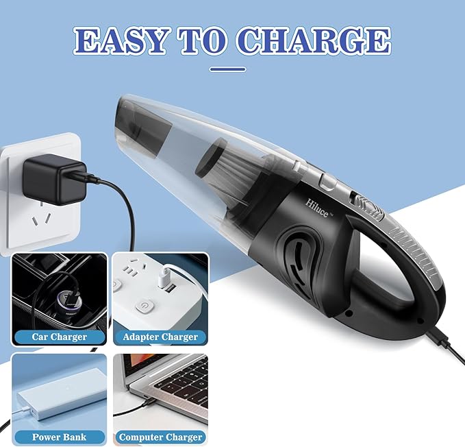 Hiluce Car Vacuum Portable Cordless, Handheld Vacuum Cleaner High Power for Wet and Dry, USB Rechargeable Lightweight Cordless Vacuum, 0.45L Capacity Storage Bag,for Car/Stairs/Pet Hair(Black Silver)
