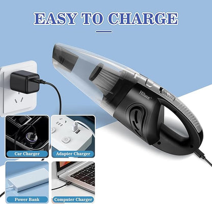 Hiluce Car Vacuum Portable Cordless, Handheld Vacuum Cleaner High Power for Wet and Dry, USB Rechargeable Lightweight Cordless Vacuum, 0.45L Capacity Storage Bag,for Car/Stairs/Pet Hair(Black Silver)