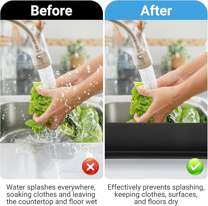 19.3 inch Sink Water Splash Guard, Silicone Sink Splash Guard, Backsplash Protector for Kitchen Countertop & Bathroom Bathtub with Non-Slip Strong Suction, Black, Pack of 2