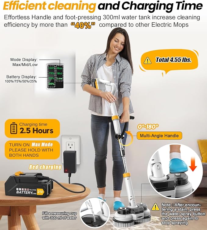qimedo 800RPM Cordless Electric Mop, 6000mAh Battery Electric Power Scrubber & Mops for Floor Cleaning, Best Automatic Spin Mops with Smart Display,Rotating Mop with LED Light & Water Spray
