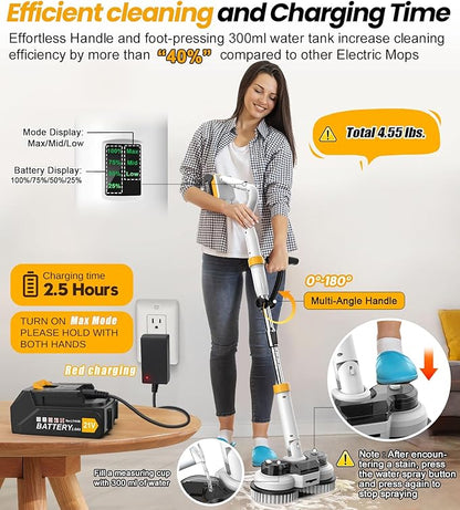 qimedo 800RPM Cordless Electric Mop, 6000mAh Battery Electric Power Scrubber & Mops for Floor Cleaning, Best Automatic Spin Mops with Smart Display,Rotating Mop with LED Light & Water Spray
