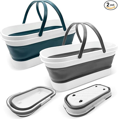 2 Pack Collapsible Plastic Bucket, Large Foldable Cleaning Mop Container, 3.17 Gal Rectangular Portable Water Pail with Handle for House Laundry Fishing Camping Car Washing Storage Green, Grey