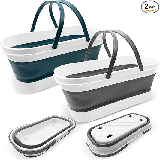 2 Pack Collapsible Plastic Bucket, Large Foldable Cleaning Mop Container, 3.17 Gal Rectangular Portable Water Pail with Handle for House Laundry Fishing Camping Car Washing Storage Green, Grey