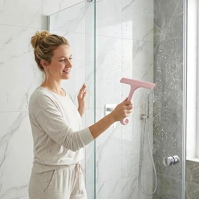 Silicone Shower Squeegee - All-in-One Design with Built-in Hook, 10 Inch Streak-Free Bathroom and car Cleaner for Glass Doors, Mirrors, Windows, Tiles Pink