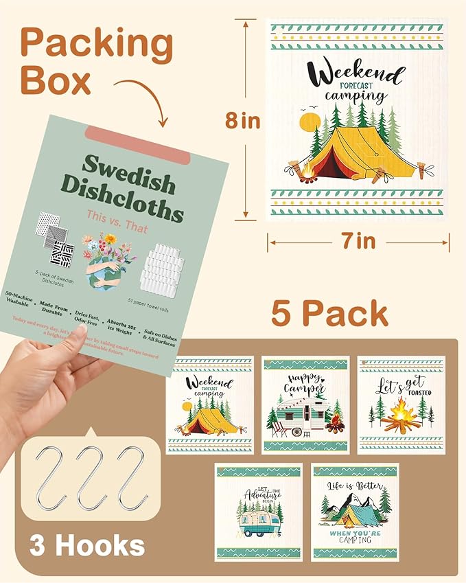 Miss Adola Swedish Dishcloths for Kitchen with Hooks - Reusable Dish Cloths for Washing Dishes Fast Drying Cute Fun 5 Pack Swedish Dish Towels Washable Cleaning Sponge, Green Camping