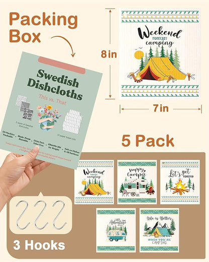 Miss Adola Swedish Dishcloths for Kitchen with Hooks - Reusable Dish Cloths for Washing Dishes Fast Drying Cute Fun 5 Pack Swedish Dish Towels Washable Cleaning Sponge, Green Camping