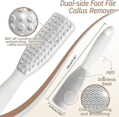 New Foot Brush & Foot File Set(2PCS), 3-in-1 Foot Scrubber in Shower, 10.2’’-27.5’’Adjustable Long Handle Foot Scrub Brush and Upgrade Foot File Callus Remover, Gift-Box Packed(White Set)