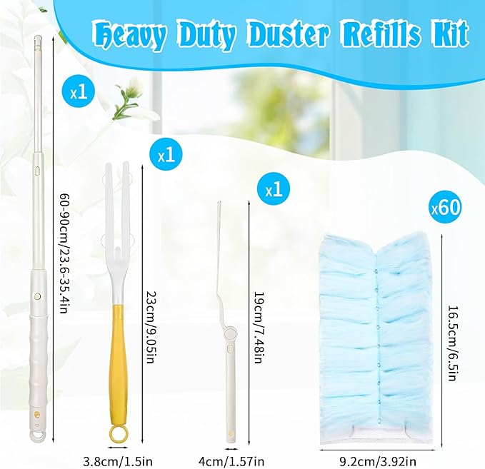 60 Count 360° Duster Refills, Disposable Heavy Duty Duster Refills Kit with 2 Handles, Microfiber Duster Feather Duster Electrostatic Lock-Dust System for Cleaning Furniture, Blinds, Electronics