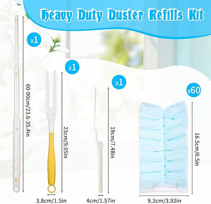 60 Count 360° Duster Refills, Disposable Heavy Duty Duster Refills Kit with 2 Handles, Microfiber Duster Feather Duster Electrostatic Lock-Dust System for Cleaning Furniture, Blinds, Electronics