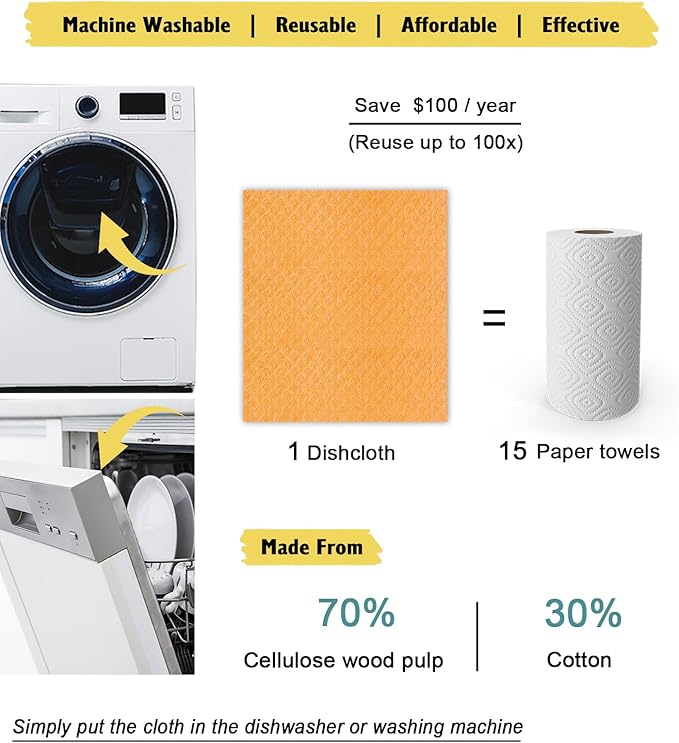 MoLKENE Swedish Dishcloths - 10 Pack Reusable Kitchen Dishcloths - Ultra Absorbent Dish Towels for Washing Dishes - Cellulose Sponge Cloth Cleaning Cloths - Orange