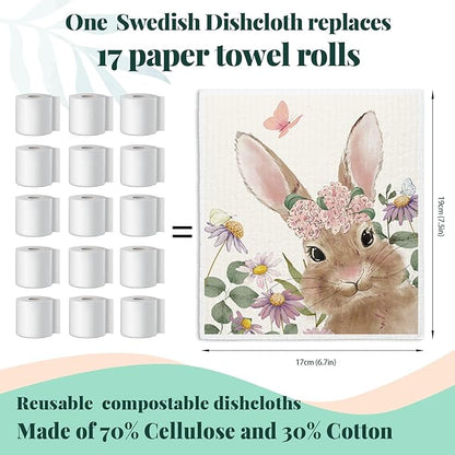 Pink Bunny Eggs Swedish Dishcloths for Kitchen, Happy Bunny Dish Cloths for Easter Gifts, Papaya Cute Funny Washable Swedish Cleaning Sponge Cloths, 4 Pack Dish Towels for Kitchen