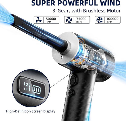 Compressed Air Duster & Vacuum Cleaner-3 Gear Adjustable 100000RPM Handheld Car Vacuum/Air Blower,Electric Air Duster with LED Light for Keyboard Electric Devices Cleaning.Replaces Compressed Air Cans