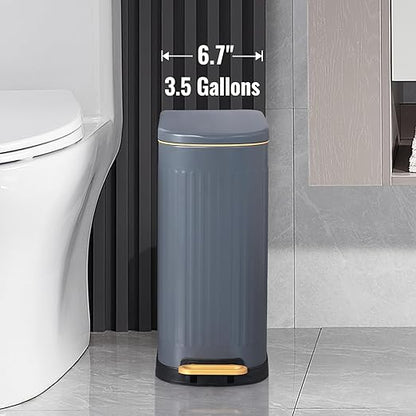 SYNCVIBE Slim Bathroom Trash Can with Soft Close Lid Stainless Steel Garbage Can Step Trash Bin with Removable Inner Bucket for Bedroom, Office, Kitchen (Matt Grey, 3.5 Gallons)