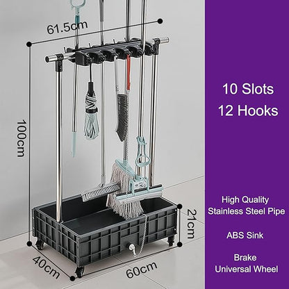 Mop and Broom Holder Cleaning Supplies Mop Bucket Garden Tool Organizer Cleaning Carts on Wheels Freestanding Broom Closet Storage Cabinet Mop Sink for Ho(One Color-10 Slots 12 Hooks