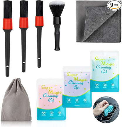 TICARVE 9Pcs Car Interior Detailing Kit - Car Cleaning Brushes, Universal Gel, Microfiber Towel and Storage Bag for Dashboard, Air Vents, Keyboard & Electronics