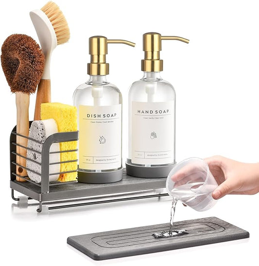 Kitchen Soap Dispenser Set with Drying Tray – 16oz Glass Bottles with Stainless Steel Pumps, Sink Organizer Caddy with Brush Holder & Non-Slip Feet – All-in-One Dish & Hand Soap Station