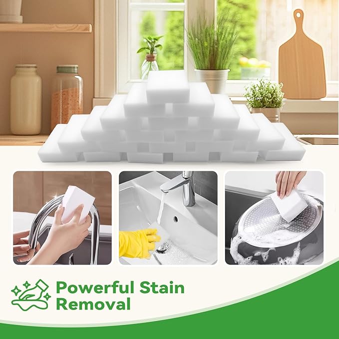 Magic Eraser Sponge, Water-Activated Cleaning Pads Sponge Mop, Bulk Pack Multi-Purpose Melamine Foam Cleaner for Kitchen, Bathroom, Walls, Shoes & Car, Non-Scratch & Reusable (50)
