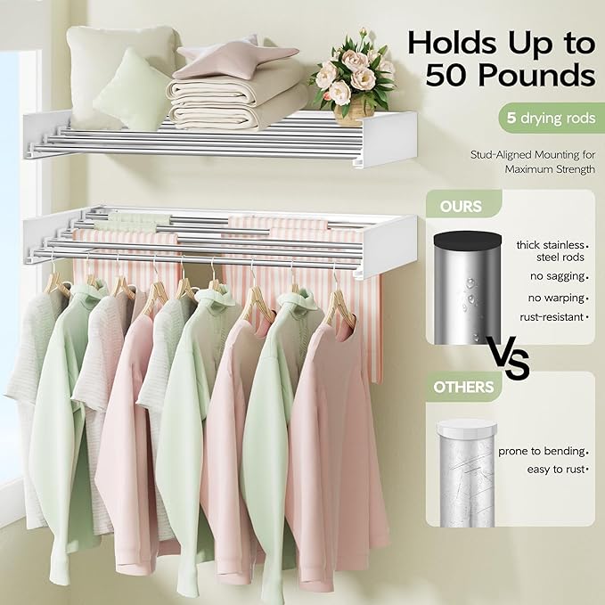 Wall-mounted folding clothes drying rack, 32" wide, 5 stainless steel rods, space-saving hidden laundry room drying rack, foldable wall-mounted, mountable drying racks with installation template