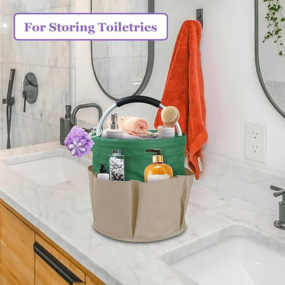 Set of 2 Foldable Cleaning Caddy for Cleaning Supplies, 17L Household Tool Bucket Organizer for Men, Large Cleaning Basket in 600D Oxford Fabric for Travel, Garden, Khaki with Green