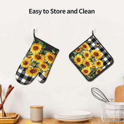 Sunflower Oven Mitts and Pot Holders Sets of 2 Buffalo Plaid Kitchen Mitts Farmhouse Hot Pads for Cooking Baking Grilling