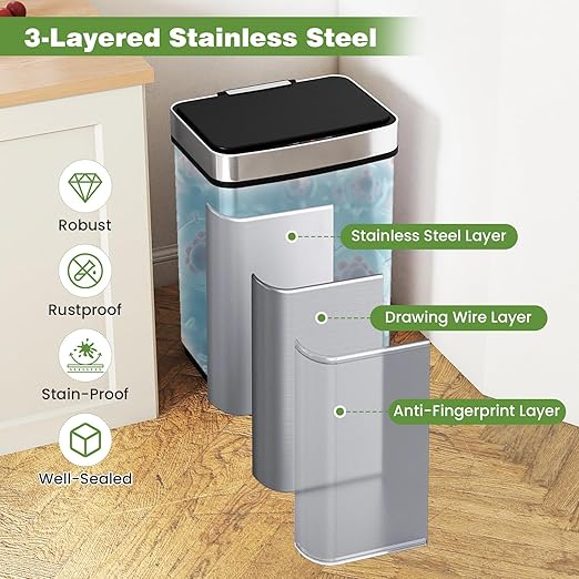 S AFSTAR 16 Gallon Motion Sensor Trash Can, Automatic Touchless Garbage Can with Dual Compartments, Stainless Steel Waste Bin for Kitchen, Bedroom & Bathroom