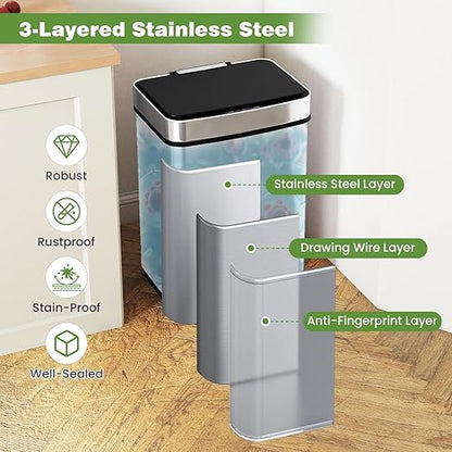 S AFSTAR 16 Gallon Motion Sensor Trash Can, Automatic Touchless Garbage Can with Dual Compartments, Stainless Steel Waste Bin for Kitchen, Bedroom & Bathroom
