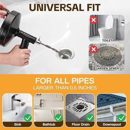 Drain Auger 33 ft, Plumbing Snake Hair Clog Remover Drain Snake Flexible Grabber Heavy Duty Sink Cleaner Tools for Shower Bathtub Bathroom Kitchen Pipe, Black