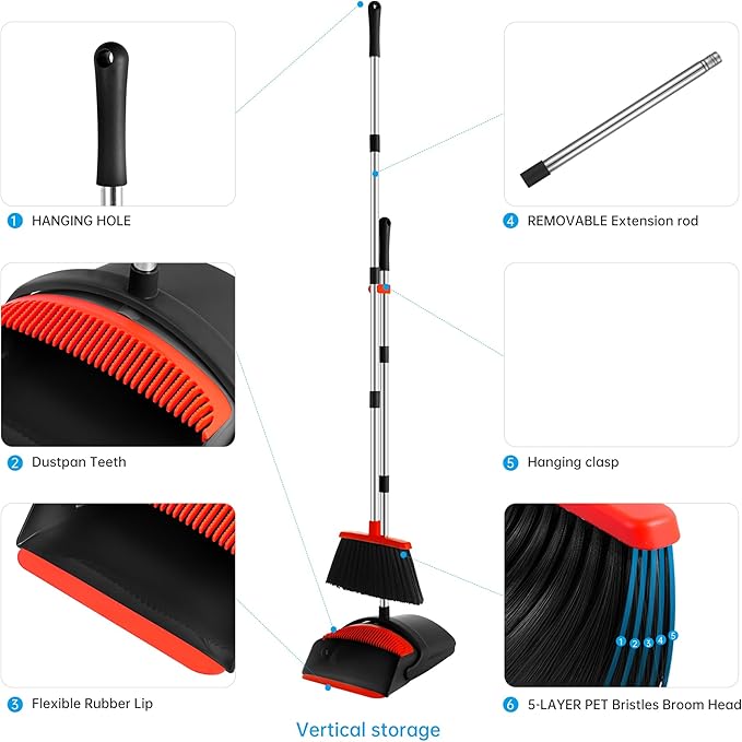 Broom with Dustpan Combo Set for Home 52-in Long Adjustable Handle Angle Broom and Dustpan Set with Dustpan Comb Teeth for Sweeping Pet Hair Food Dirt Kitchen (Black) (Red)