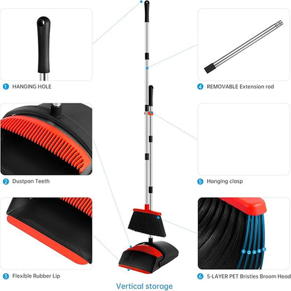 Broom with Dustpan Combo Set for Home 52-in Long Adjustable Handle Angle Broom and Dustpan Set with Dustpan Comb Teeth for Sweeping Pet Hair Food Dirt Kitchen (Black) (Red)