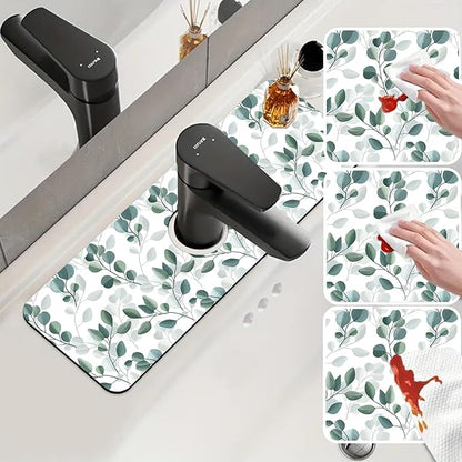 Sink Faucet Absorbing Mat Green Eucalyptus Leaf Sink Splash Guard Drying Mat for Kitchen Bathroom Faucet Sinkmat 15.5"X5.5"