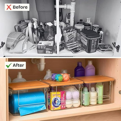 Trash Bag Dispenser with Front Opening, Stackable Garbage Bag Holder for Kitchen & Home, Fits 1 Gallon Bags, Includes Reusable Gloves, Adhesive Anti-Slip Pads & 15 Trash Bags–Large Organizer
