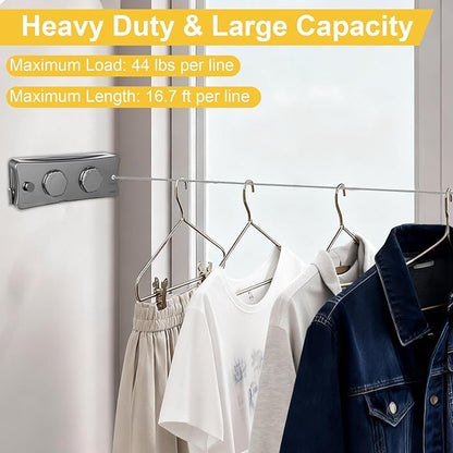 Retractable Clothesline Indoor & Outdoor, 16.7 Ft Non-Sagging Double Clothes Line, Retracting Heavy Duty Clothes Drying Laundry Line, Wall Mounted Space-Saving Stainless Steel Line