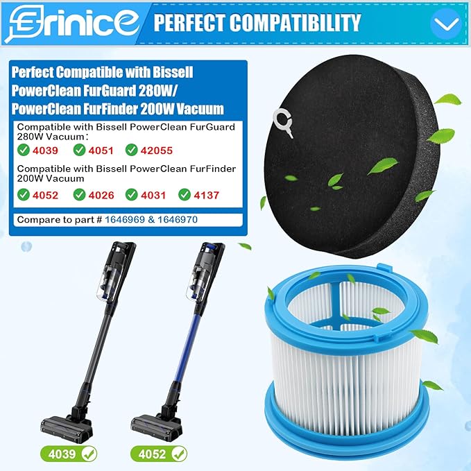 4039 Filter Replacement for Bissell PowerClean FurGuard 280W 4039 4051 4205 Vacuum Filters for Bissell PowerClean FurFinder 200W Vacuum 4052 4026 4031 4137, Comapre to part# 1646969 & 1646970