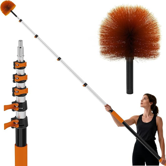 30 FT Reach Cobweb Duster with 5-24 FT Telescoping Pole, Dual Action Flip-Lock & Screw Fixing Design, Washable Reusable Duster for High Ceilings, Fans & Home Cleaning